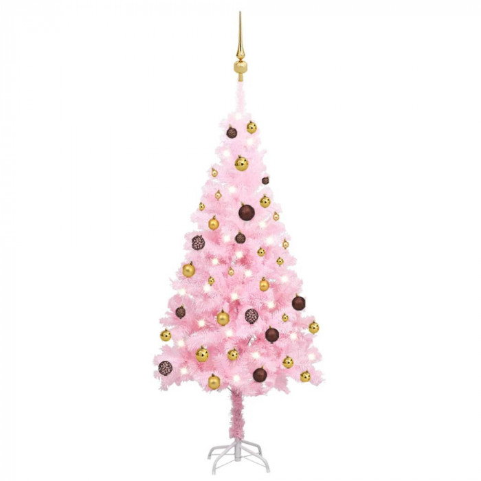 vidaXL Brad Crăciun pre-iluminat cu set globuri, roz, 120 cm, PVC