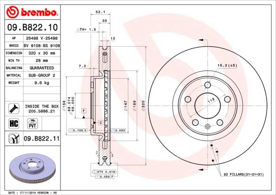 BREMBO 09.B822.11 PRIME LINE - UV Coated Disc frana