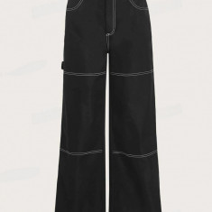 Pantaloni largi, cu talie medie si buzunare, negru, dama, Shein