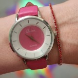 Cumpara ieftin Set ceas casual de dama cu bratara inclusa, mecanism quartz, display analog, bratara roz lucios, inchidere catarama, Oem