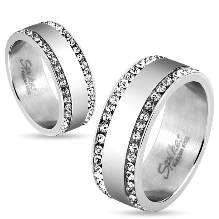 Inel din oțel argintiu, margine decorată cu zirconii, 8 mm - Marime inel: 69