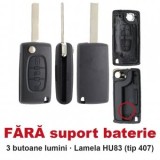Carcasa cheie briceag Topautochei&amp;#174; 3 butoane lumini, FARA suport baterie, lamela HU83, compatibila cu Peugeot 307 308 407 si Citroen C4 C5