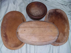3 farfurii lemn ovale vintage + bol vechi lemn ,T.GRATUIT foto