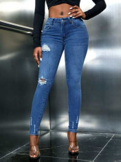 Blugi skinny din denim, cu talie medie, albastru, dama, Shein foto