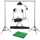 Kit foto studio,3 lumini softbox,suport fundal 2x3m,3 x bec 150W,macara si geanta transport inclusa + panza fundal Verde 2.4x2m, Dactylion