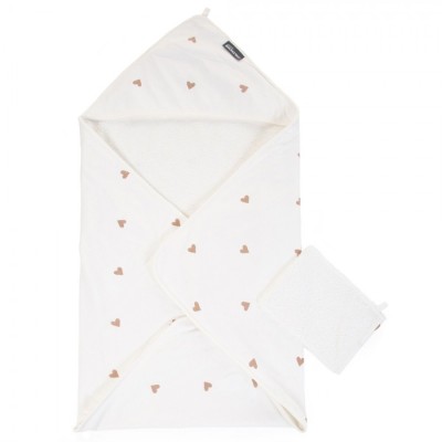 Prosop cu gluga si manusa de baie Childhome Jerse Frotir 80x80 cm, Inimioare foto