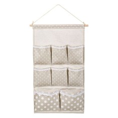 Husa organizator de perete pentru accesorii cu buline si dantela, 8 compartimente, agatatoare, 35 cm x 60 cm, bej foto