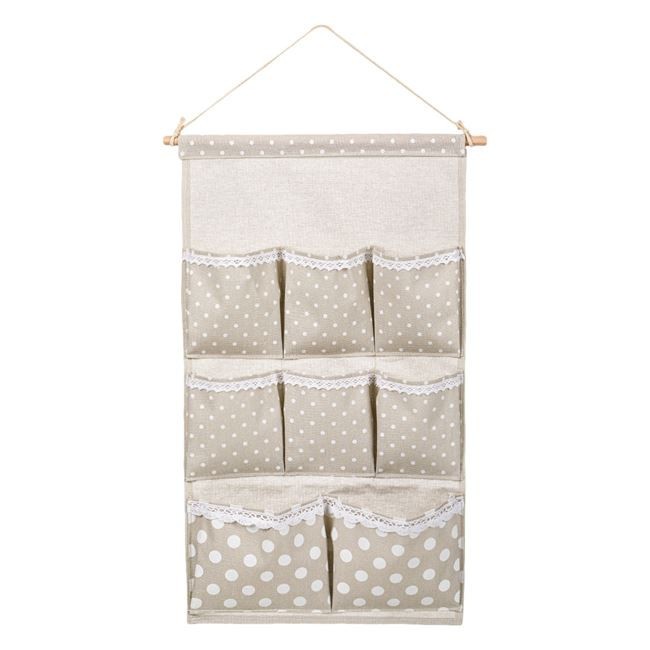 Husa organizator de perete pentru accesorii cu buline si dantela, 8 compartimente, agatatoare, 35 cm x 60 cm, bej, ConceptSeller