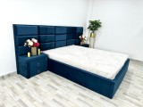 Pat matrimonial Roma Blu 160 cm x 200 cm Albastru tapitat stofa + Saltea + Noptiere tapitate stofa