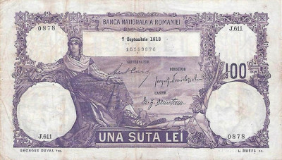 REPRODUCERE bancnota 100 lei 7 septembrie 1913 Romania foto