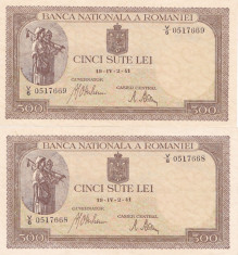 ROMANIA 2 X 500 LEI APRILIE 1941 XF+ CONSECUTIVE foto