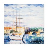 Tablou pictat manual, Velier in port, 50x50cm ulei pe panza in cutit efect 3D, gata de agatat pe perete