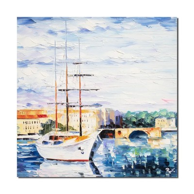 Tablou pictat manual, Velier in port, 50x50cm ulei pe panza in cutit efect 3D, gata de agatat pe perete foto