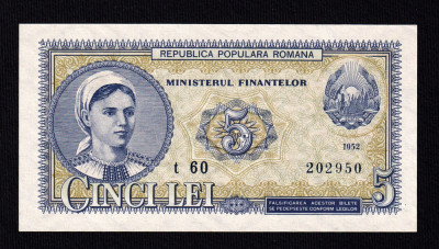 Romania - 5 Lei 1952 , serie albastra . Piese frumoasa de colectie . XF+ ( 2) foto