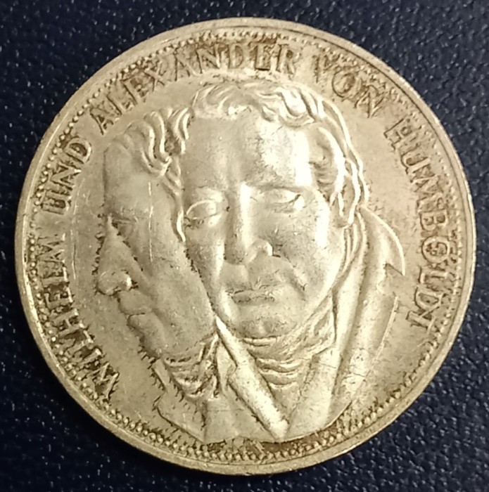 (A129) MONEDA DIN ARGINT GERMANIA - 5 MARK 1967, LIT. F, WILHELM UND ALEXANDER VON HUMBOLDT
