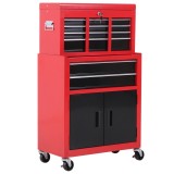 HOMCOM Cutie pentru Unelte pe Roți cu 6 Sertare, 2 &icirc;n 1, Dulap Spațios cu &Icirc;ncuietoare, Metal, Roșu | Aosom Romania
