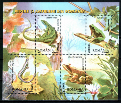 Romania 2003, LP 1618, Reptile si amfibieni din Romania, bloc, MNH! LP 11,40 lei foto