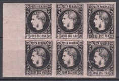 ROMANIA 1867 LP 20 c REGELE CAROL I CU FAVORITI 20 PARALE HARTIE SUBTIRE BLOC 6 TIMBRE GUMA ORIGINALA URMA SARNIERA TIMBRUL DREAPTA SUS USOR SUBTIAT