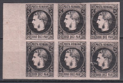 ROMANIA 1867 LP 20 c REGELE CAROL I CU FAVORITI 20 PARALE HARTIE SUBTIRE BLOC 6 TIMBRE GUMA ORIGINALA URMA SARNIERA TIMBRUL DREAPTA SUS USOR SUBTIAT foto