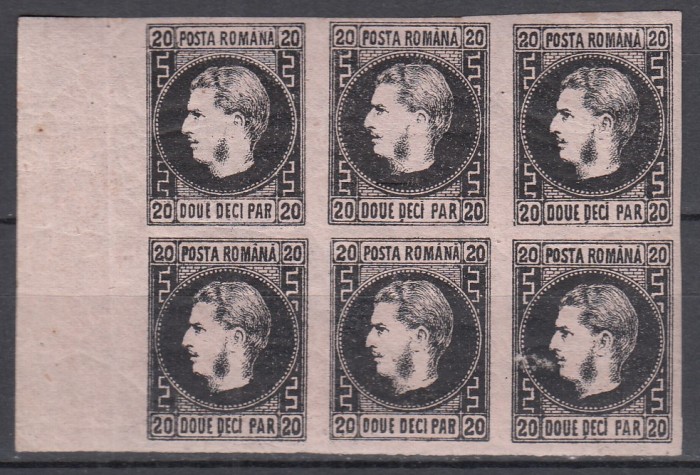 ROMANIA 1867 LP 20 c REGELE CAROL I CU FAVORITI 20 PARALE HARTIE SUBTIRE BLOC 6 TIMBRE GUMA ORIGINALA URMA SARNIERA TIMBRUL DREAPTA SUS USOR SUBTIAT