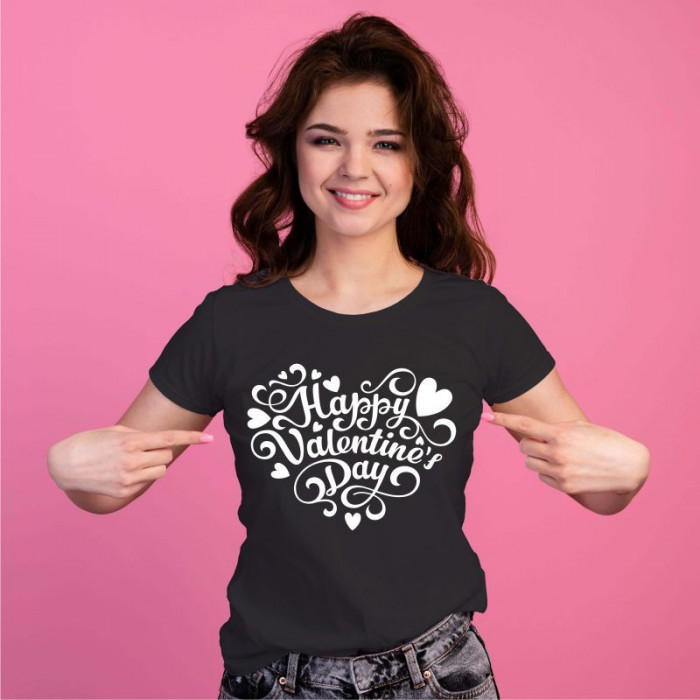 Tricou dama personalizat &quot;Happy Valentine&#039;s Day Heart&quot;, Negru, Marime S