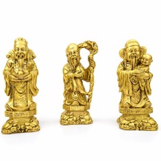 Cei trei intelepti Fuk Luk Sau, set figurine Feng Shui pentru canalizarea dorintelor, statuete auriu