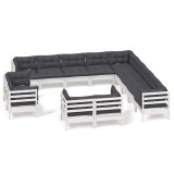 Set mobilier de gradina cu perne, 13 piese alb, lemn masiv pin