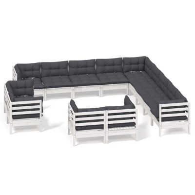 Set mobilier de gradina cu perne, 13 piese alb, lemn masiv pin foto