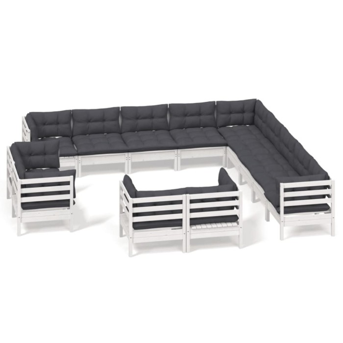 Set mobilier de gradina cu perne, 13 piese alb, lemn masiv pin