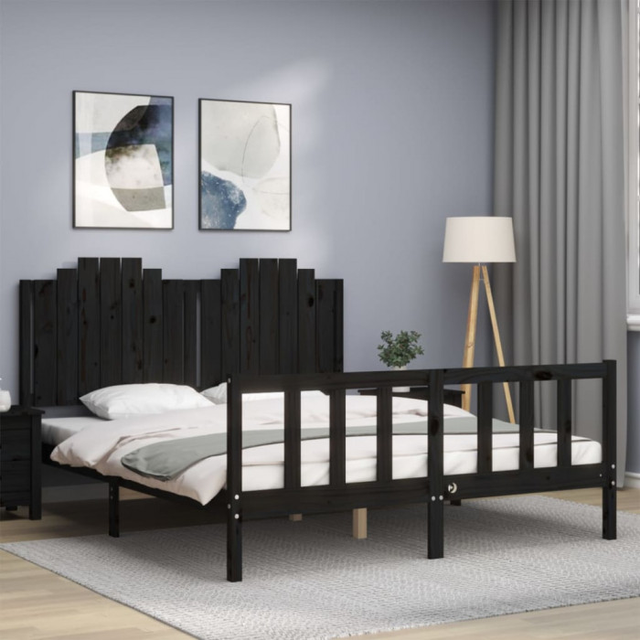 Cadru de pat cu tablie, negru, king size, lemn masiv GartenMobel Dekor