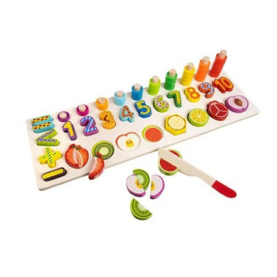 Joc educativ sortator din lemn cu numere si fructe de taiat magnetice pentru copii Multicolore foto