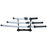 Set 3 Sabii Katana Decorative IdeallStore, Panoplie Ninja Warrior, Metal Alb, cu Teaca &amp; Stativ, 83cm