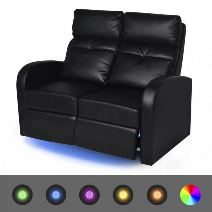 vidaXL Fotoliu rabatabil cu 2 locuri, LED, piele artificială, negru