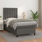 VidaXL Pat box spring cu saltea, gri, 90x200 cm, piele ecologică