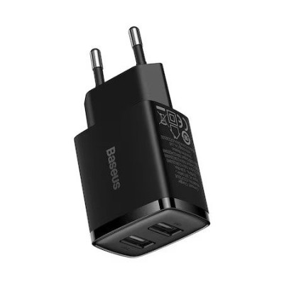 Incarcator de retea Baseus Compact CCXJ010201, 2 USB, functie de incarcare rapida, 10,5 W, Negru foto