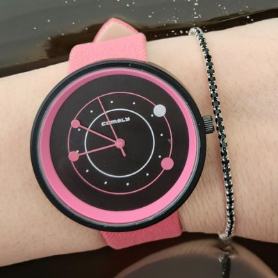 Set ceas casual de dama cu bratara inclusa, display analog, mecanism quartz, roz-negru foto