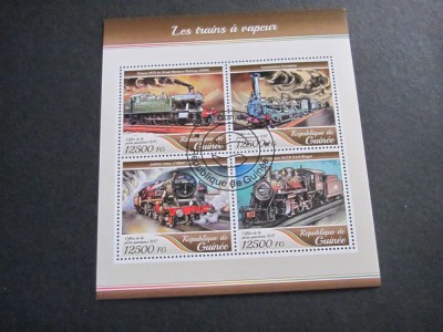 Bloc de Timbre Poștale Guineea 2017 &amp;ndash; 4 Locomotive cu Abur Istorice (GWR 4575, Crampton, Jubilee Class, ALCO 2-6-0), 12.500 FG, obliterat foto