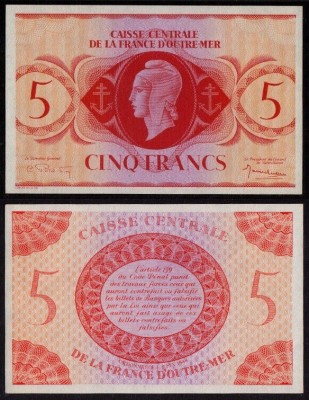 French Equatorial Africa █ bancnota █ 5 Francs █ 1944 █ P-15c █ UNC necirculata foto