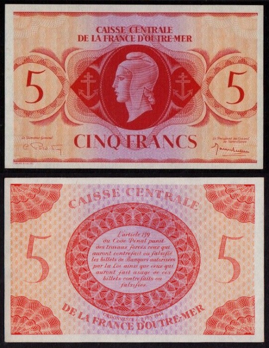 French Equatorial Africa █ bancnota █ 5 Francs █ 1944 █ P-15c █ UNC necirculata