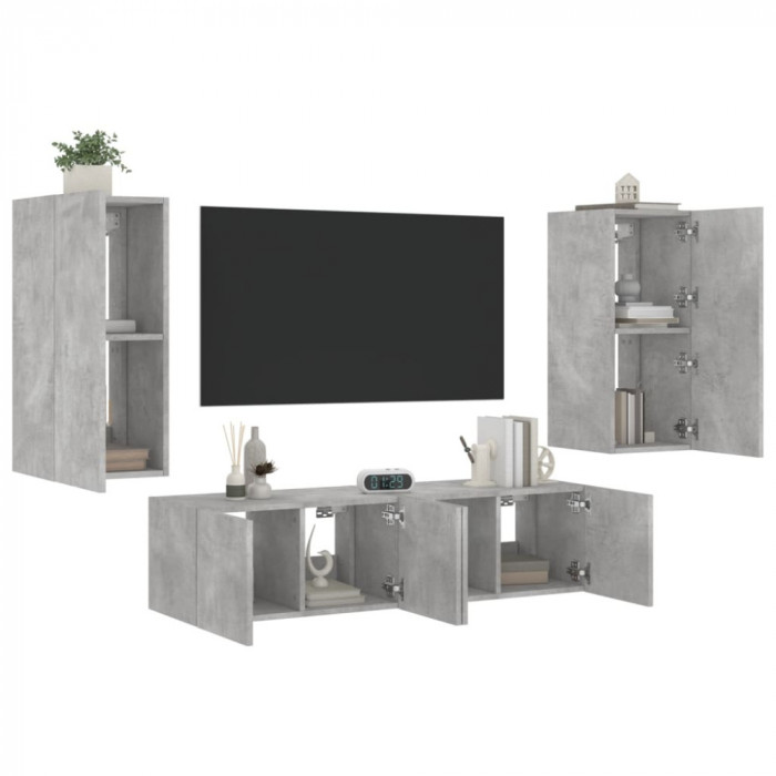 Unitati TV de perete cu LED-uri 4 piese gri beton lemn compozit GartenMobel Dekor