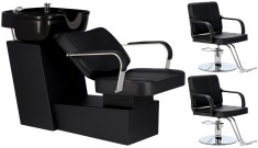 Set Scafă coafor profesională unitate de spălare model Luke + 2 x scaune de coafură suport hidraulic pivotant pentru picioare și accesorii bol