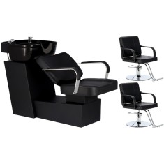 Set Scafă coafor profesională unitate de spălare model Luke + 2 x scaune de coafură suport hidraulic pivotant pentru picioare și accesorii bol