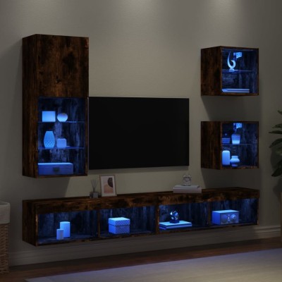 Unități de perete TV cu LED-uri, 5 piese, stejar fumuriu, lemn foto