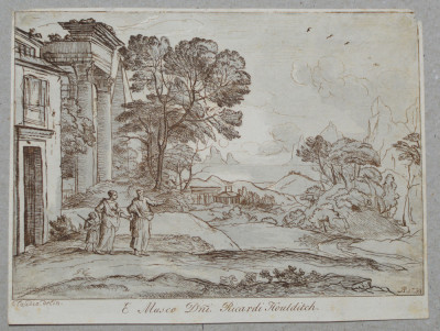 Claude Lorrain &amp;quot;Peisaj cu Abraham alungandu-i pe Hagar and Ishmael&amp;quot; gravura 1734 foto