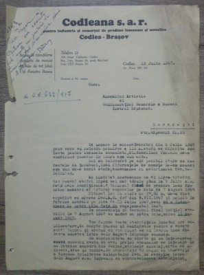 Scrisoare Codleana SAR, industria si comertul de prod. lemnoase si metalice 1947 foto