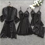 Cumpara ieftin Set Pijama de Dama 4 Piese din Satin Negru