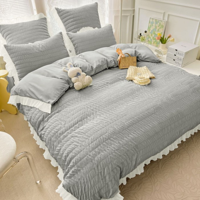 Lenjerie pat dublu creponata cu banda alba,bumbac finet,6 piese,gri-A882