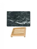 Covoras pentru baie ultra absorbant, anti-alunecare, model Marmura Safir gri 40 x 60 cm si sapuniera din lemn