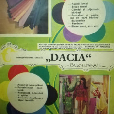 1972, Reclama Intreprinderea Textila DACIA comunism 27x20 cm, BUCURESTI moda