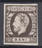 ROMANIA 1871 LP 33 REGELE CAROL I CU BARBA 25 BANI BRUN LIPSA GUMA USOARA SUBTIERE COLTURI SUS, Nestampilat